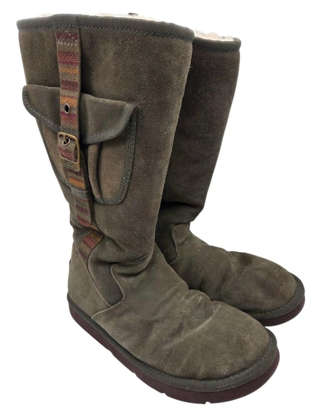 Ugg Womens Tall Olive Green Suede Utility Retro Y2K Cargo Boots 1895 Fur Lined - Picture 2 of 7